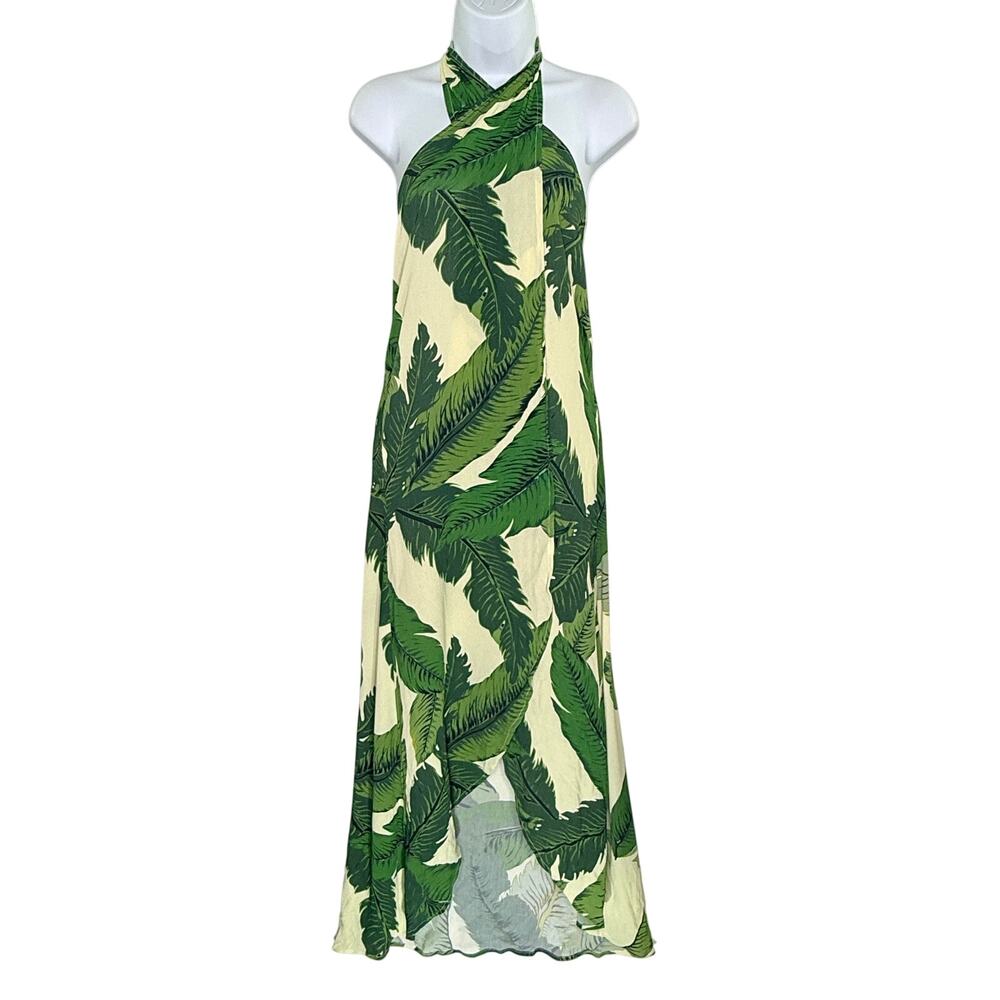 Beach Riot Salty Wrap Convertible Dress Cover Up OS Green Palm Maxi Halter